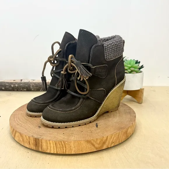 SEE BY CHLOE |  Knit Collar Wedge Lug Boots in Brown Nubuck Size 36.5