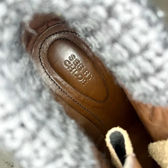 SEE BY CHLOE |  Knit Collar Wedge Lug Boots in Brown Nubuck Size 36.5