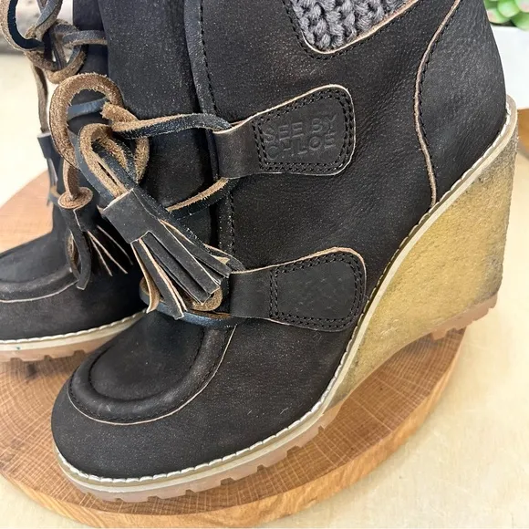 SEE BY CHLOE |  Knit Collar Wedge Lug Boots in Brown Nubuck Size 36.5