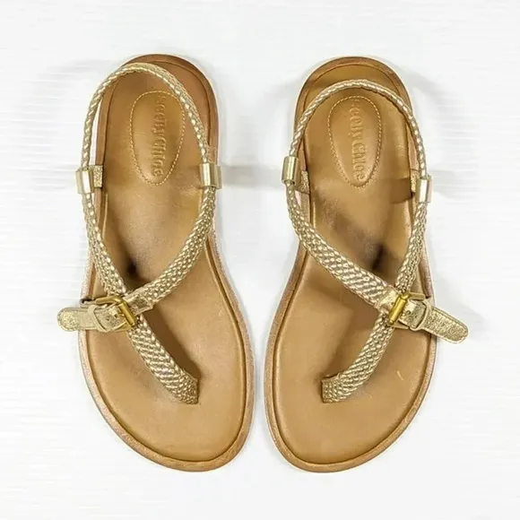 See by Chloe Women's Nola Gold Braided Strap Thong Sandals Size 37 (MSRP $325)