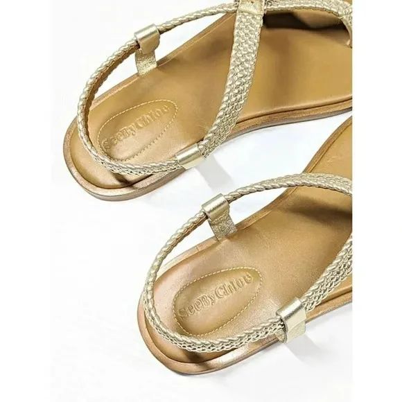 See by Chloe Women's Nola Gold Braided Strap Thong Sandals Size 37 (MSRP $325)