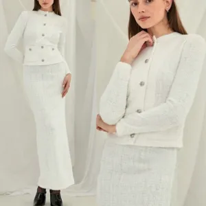 SET White/silver metallic thread knit 2 piece midi skirt with matching cardigan