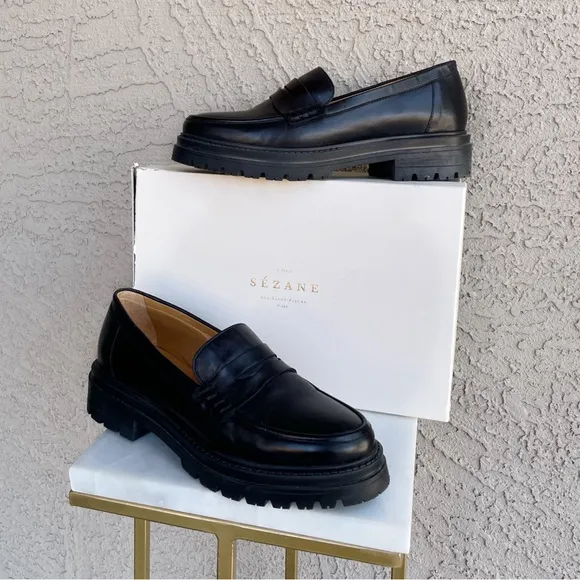 SEZANE Neutral Black Leather Platform Penny Loafers Albane Moccasins 39 US 8/8.5