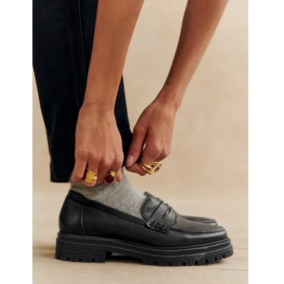 SEZANE Neutral Black Leather Platform Penny Loafers Albane Moccasins 39 US 8/8.5