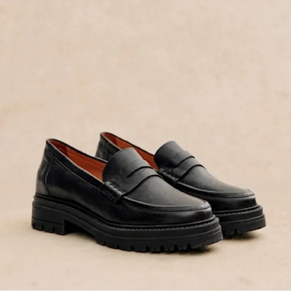 SEZANE Neutral Black Leather Platform Penny Loafers Albane Moccasins 39 US 8/8.5