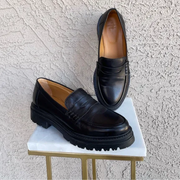 SEZANE Neutral Black Leather Platform Penny Loafers Albane Moccasins 39 US 8/8.5