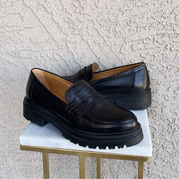 SEZANE Neutral Black Leather Platform Penny Loafers Albane Moccasins 39 US 8/8.5