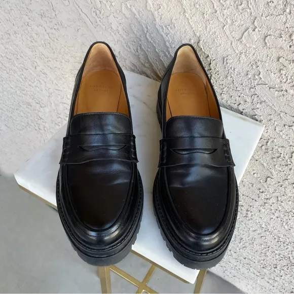 SEZANE Neutral Black Leather Platform Penny Loafers Albane Moccasins 39 US 8/8.5
