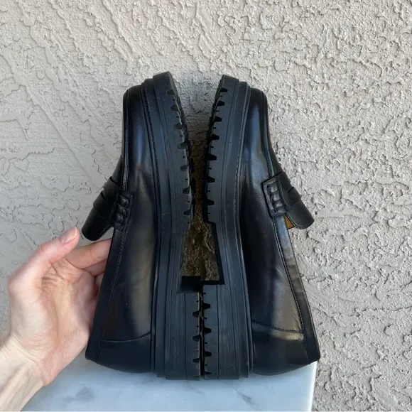 SEZANE Neutral Black Leather Platform Penny Loafers Albane Moccasins 39 US 8/8.5