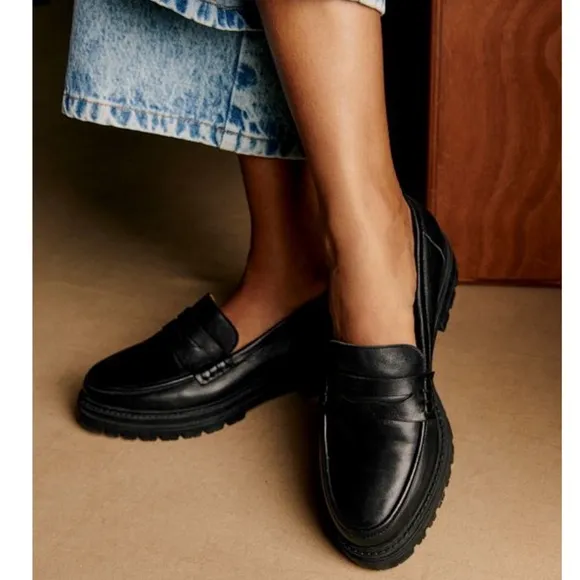 SEZANE Neutral Black Leather Platform Penny Loafers Albane Moccasins 39 US 8/8.5