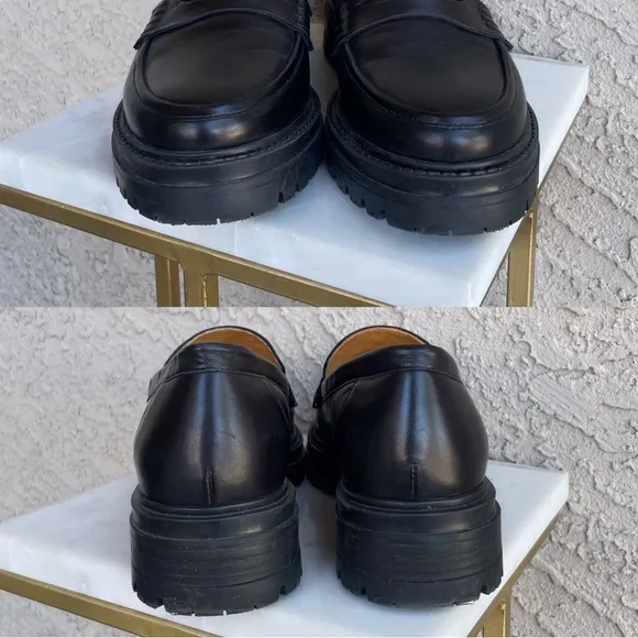 SEZANE Neutral Black Leather Platform Penny Loafers Albane Moccasins 39 US 8/8.5