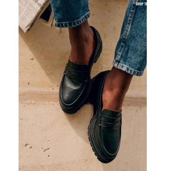 SEZANE Neutral Black Leather Platform Penny Loafers Albane Moccasins 39 US 8/8.5
