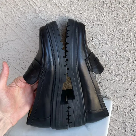 SEZANE Neutral Black Leather Platform Penny Loafers Albane Moccasins 39 US 8/8.5