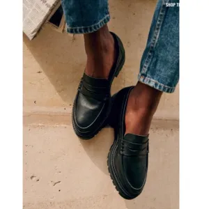 SEZANE Neutral Black Leather Platform Penny Loafers Albane Moccasins 39 US 8/8.5