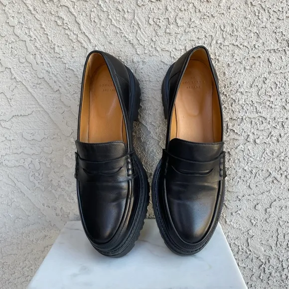 SEZANE Neutral Black Leather Platform Penny Loafers Albane Moccasins 39 US 8/8.5