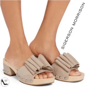 Sigerson Morrison beige suede Aida bow stud clog sandals Wooden Platform Mules