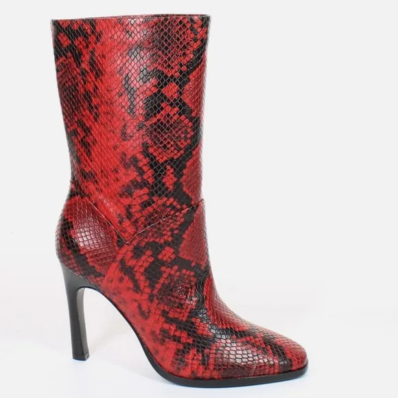 Sigerson Morrison Kiona Fashion Boots, Black Red Snake Print Leather Booties 37