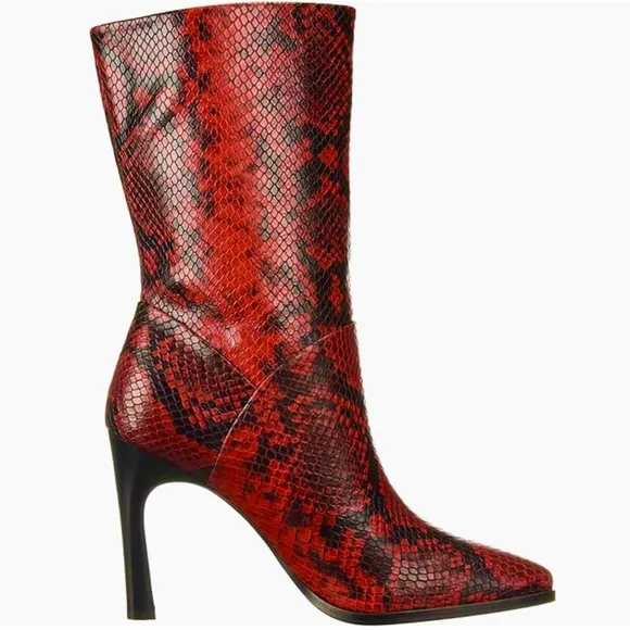 Sigerson Morrison Kiona Fashion Boots, Black Red Snake Print Leather Booties 37