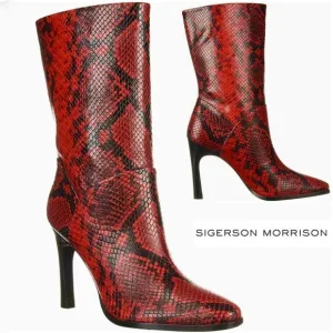 Sigerson Morrison Kiona Fashion Boots, Black Red Snake Print Leather Booties 37