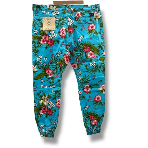 Silence is Golden Denim‎ Blue Multicolor Floral Print Jogger Jeans Sz 40 NEW