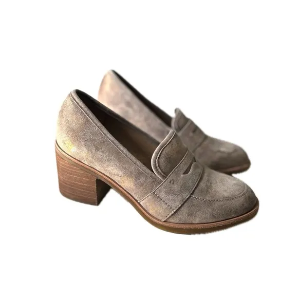 Sofft Sophia Taupe Gold Metallic Shimmer Leather Suede Heeled Penny Loafers