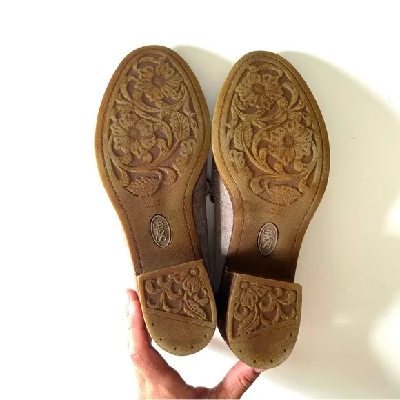 Sofft Sophia Taupe Gold Metallic Shimmer Leather Suede Heeled Penny Loafers
