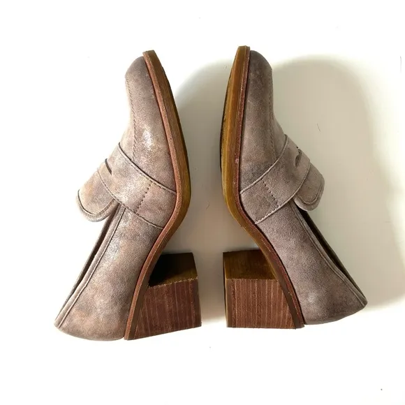 Sofft Sophia Taupe Gold Metallic Shimmer Leather Suede Heeled Penny Loafers