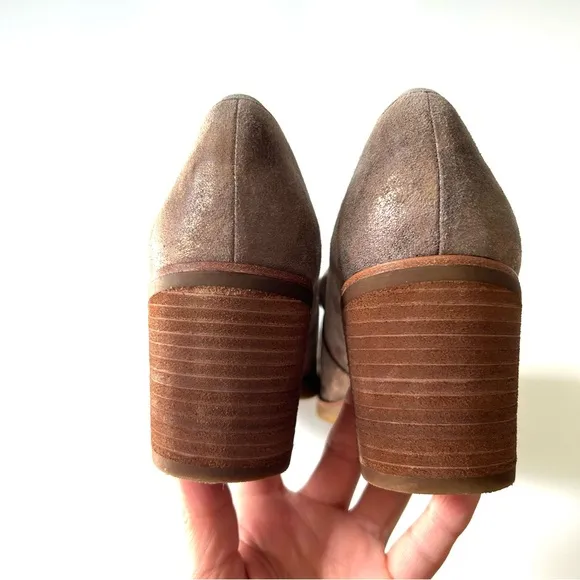 Sofft Sophia Taupe Gold Metallic Shimmer Leather Suede Heeled Penny Loafers