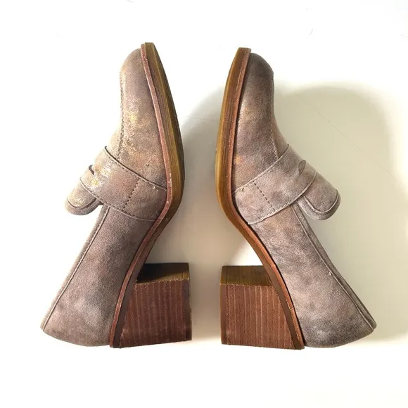 Sofft Sophia Taupe Gold Metallic Shimmer Leather Suede Heeled Penny Loafers