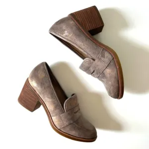 Sofft Sophia Taupe Gold Metallic Shimmer Leather Suede Heeled Penny Loafers