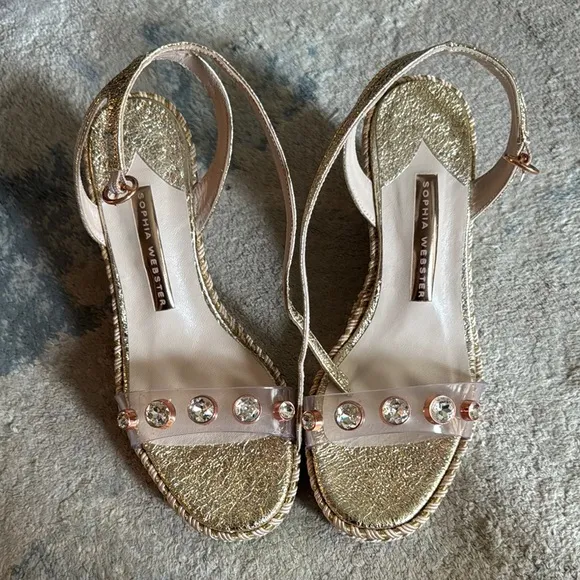 Sophia Webster Gold Espadrille Sandals with Crystal Embellishments