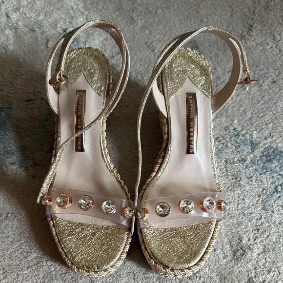 Sophia Webster Gold Espadrille Sandals with Crystal Embellishments