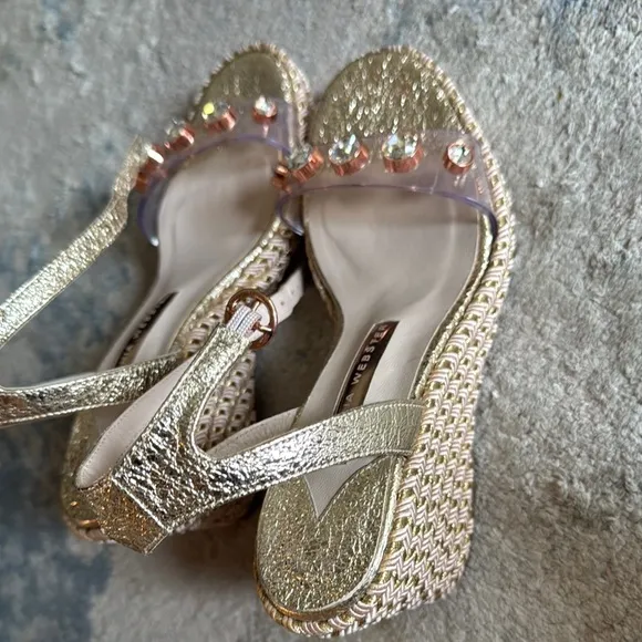 Sophia Webster Gold Espadrille Sandals with Crystal Embellishments