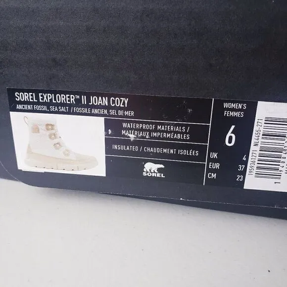 Sorel Joan Explorer II Cozy Ancient Fossil Beige Teddy Fleece Boots Size 6 New