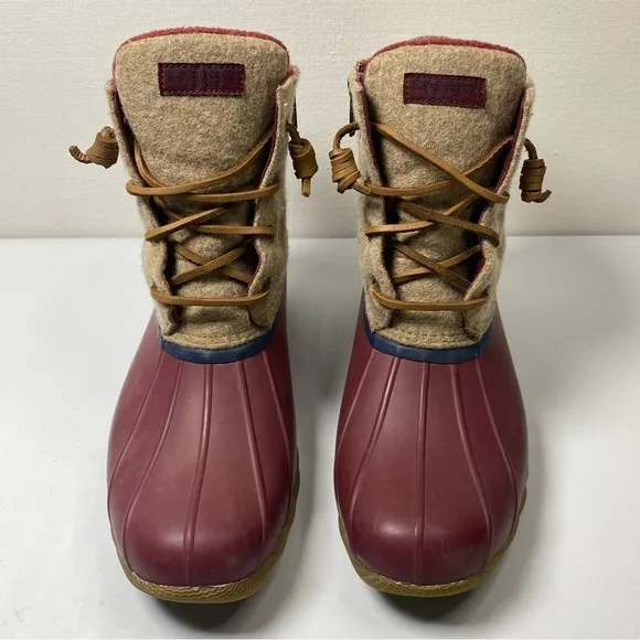 Sperry Saltwater Wool duck boots sz 8 Rubber Side Zip Fleece Lined red tan