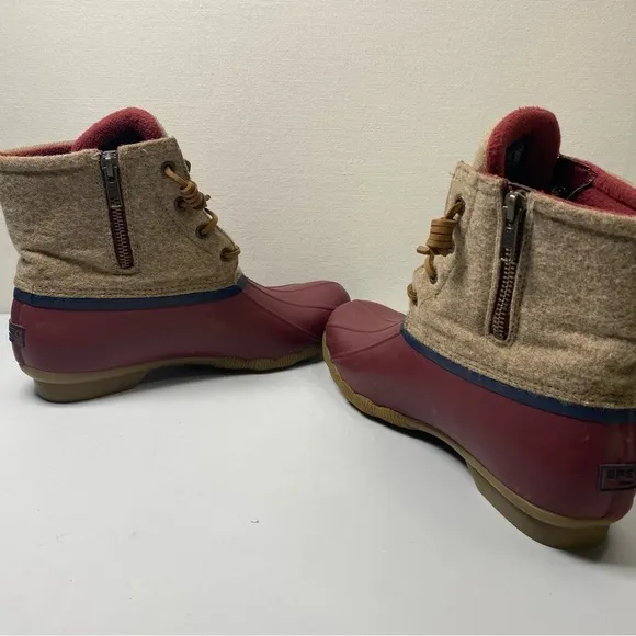 Sperry Saltwater Wool duck boots sz 8 Rubber Side Zip Fleece Lined red tan