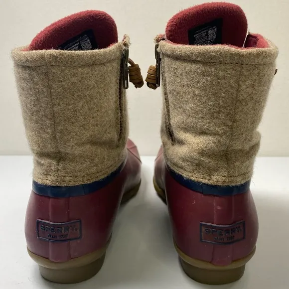 Sperry Saltwater Wool duck boots sz 8 Rubber Side Zip Fleece Lined red tan