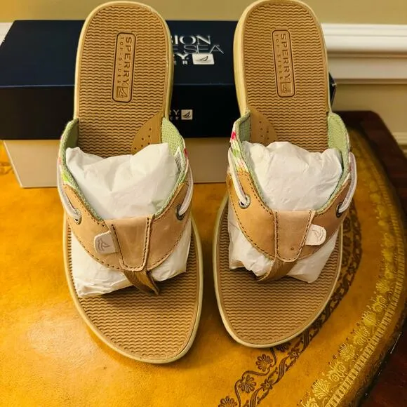 Sperry Top Sider Seafish Linen Coral Leather Flip Flops Thong Sandals NEW Sz 8