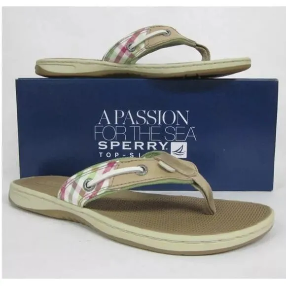 Sperry Top Sider Seafish Linen Coral Leather Flip Flops Thong Sandals NEW Sz 8