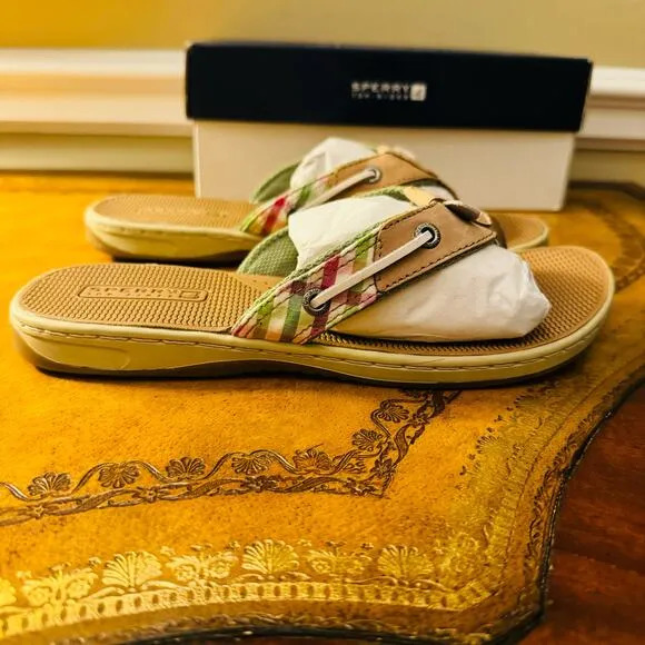 Sperry Top Sider Seafish Linen Coral Leather Flip Flops Thong Sandals NEW Sz 8