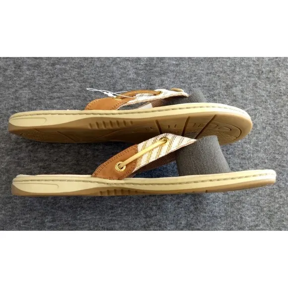 Sperry Top Sider Seafish Sandals Womens 7.5M Tan Gold Stripes NEW in Box