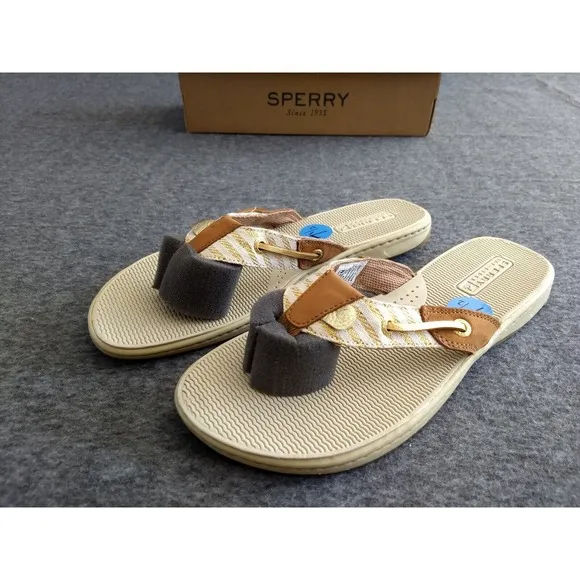 Sperry Top Sider Seafish Sandals Womens 7.5M Tan Gold Stripes NEW in Box