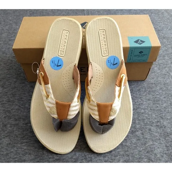 Sperry Top Sider Seafish Sandals Womens 7.5M Tan Gold Stripes NEW in Box