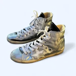 SPORTY SILVER METALLIC STAR SNEAKERS HIGH TOPS/ Made in Italy~38, US 8/8.5
