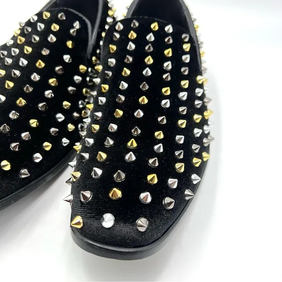 Stacy Adams Mens Spire Black Velvet Gold Silver Spiked Studded Loafers Shoes 9.5