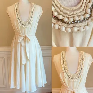 STELLA MCCARTNEY Cream Rhinestone Pearl Embellished Cotton Silk Fit Flare Dress