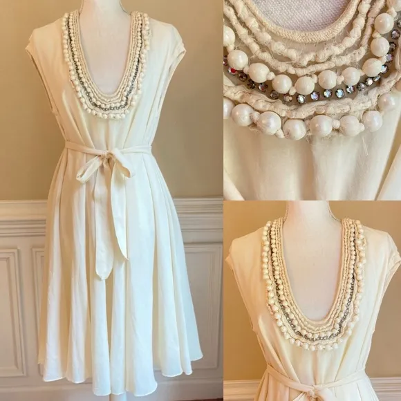 STELLA MCCARTNEY Cream Rhinestone Pearl Embellished Cotton Silk Fit Flare Dress