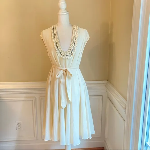 STELLA MCCARTNEY Cream Rhinestone Pearl Embellished Cotton Silk Fit Flare Dress