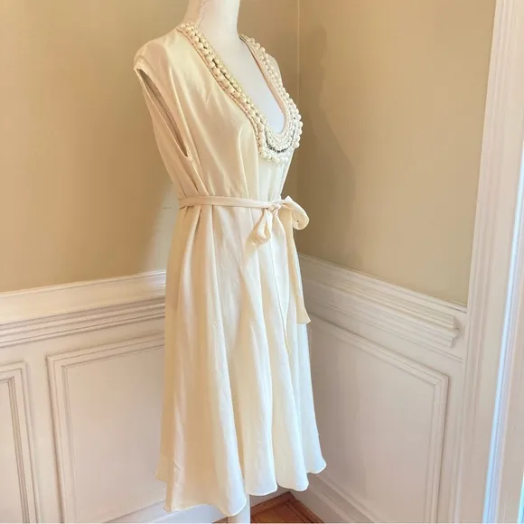 STELLA MCCARTNEY Cream Rhinestone Pearl Embellished Cotton Silk Fit Flare Dress