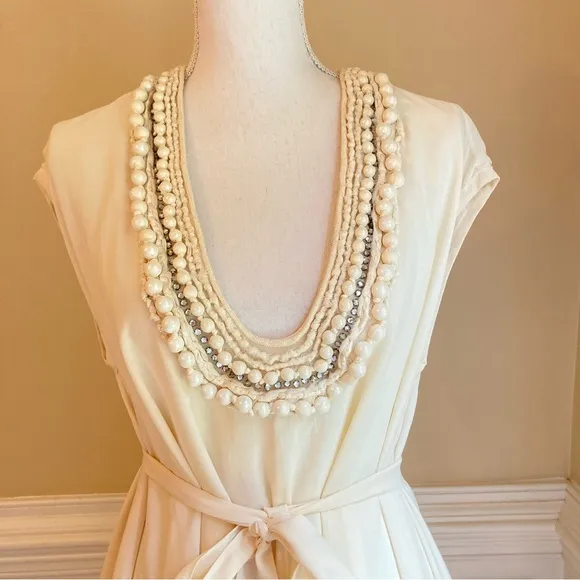 STELLA MCCARTNEY Cream Rhinestone Pearl Embellished Cotton Silk Fit Flare Dress